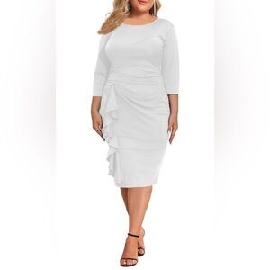 Cocktail Dress for Curvy Women 3/4 Sleeve Bodycon Ruffle Midi Pencil Dress, L